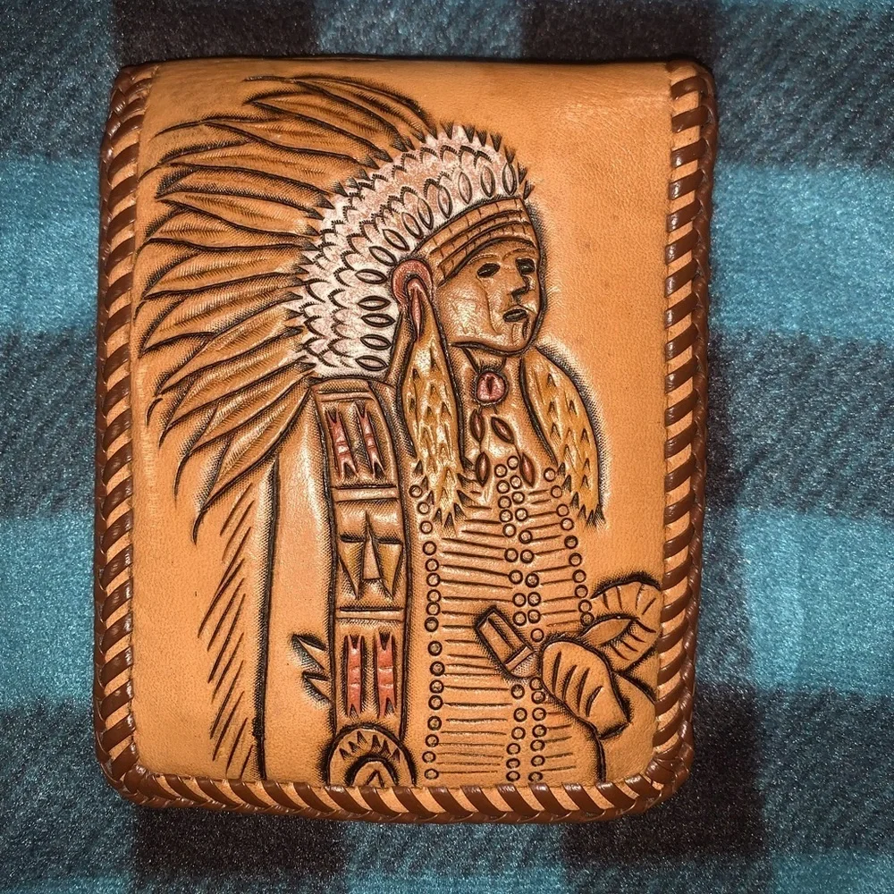 Hand Tooled leather braided Native American wallet with box